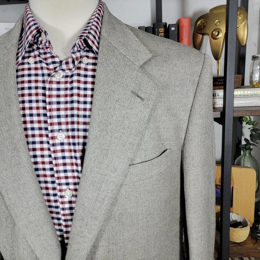 Lands End Men's Sport Coat Blazer Two Button Herringbone Beige Wool‎ Size 41R